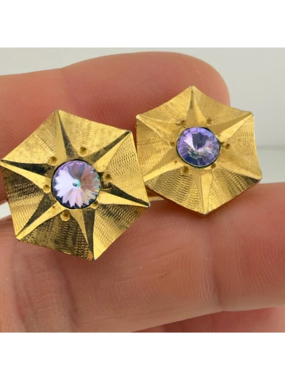 Vintage Gold Tone Hexagon Cufflinks Purple Rhinestone Mid Century